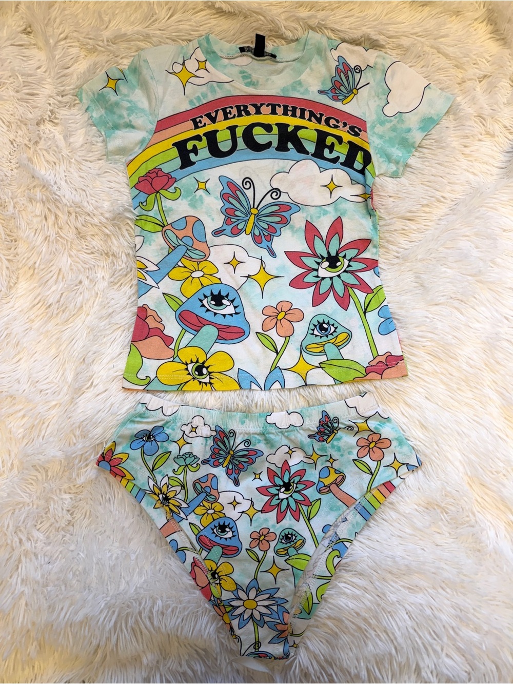 Graphic Pastel Rainbow Flower Tee & High-Waist Brief Set - "Everything's F***ed"
